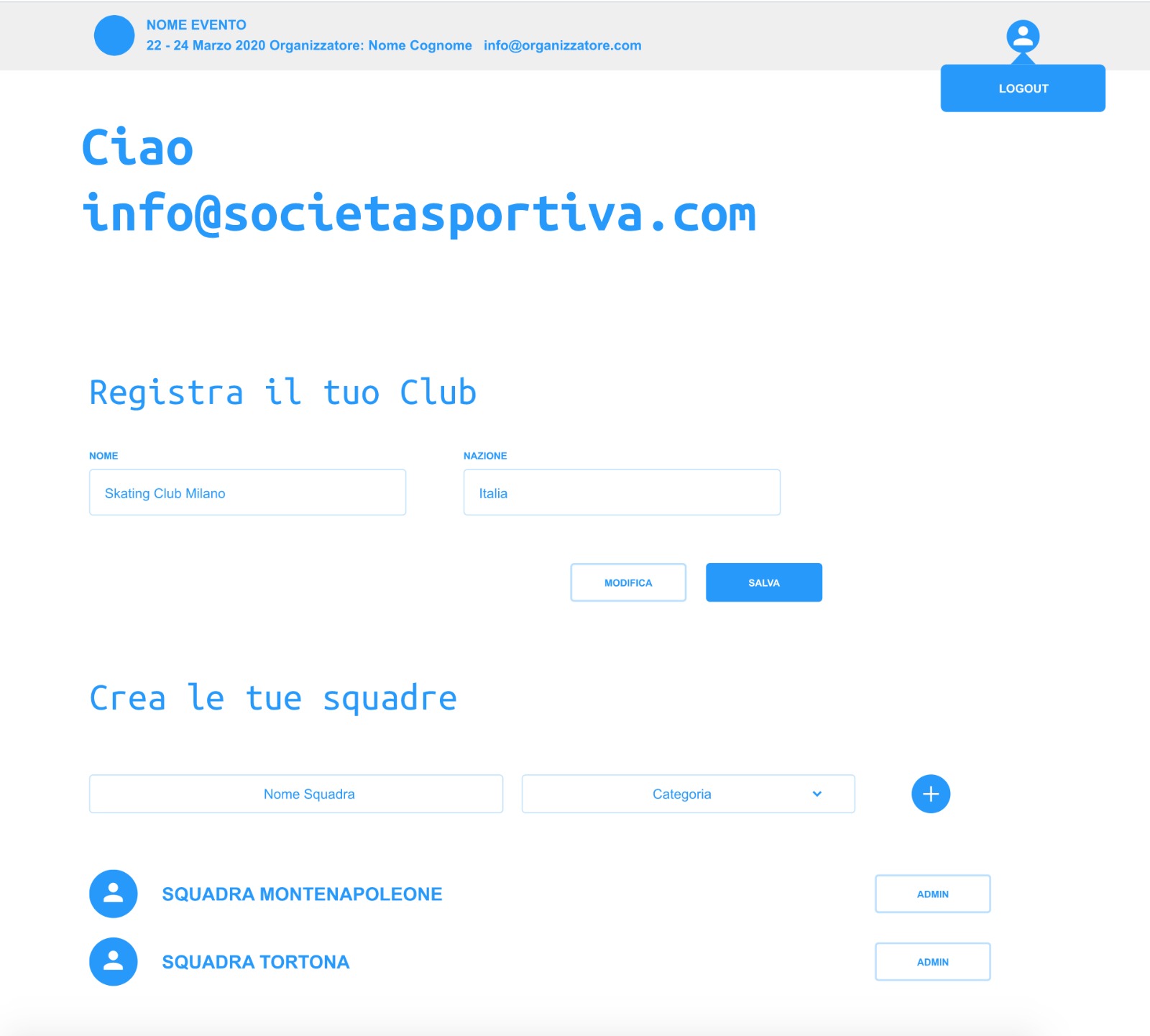 Prototipo Spate — registrazione club e squadre